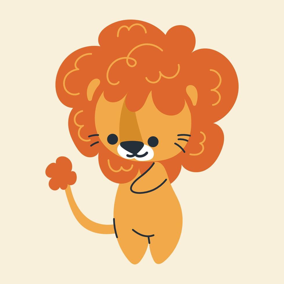 Cute kawaii lion in cartoon, flat, doodle, simple style. Design element for posters, postcards, greeting cards, wallpapers, children's clothes, fabrics, t-shirts, logos vector