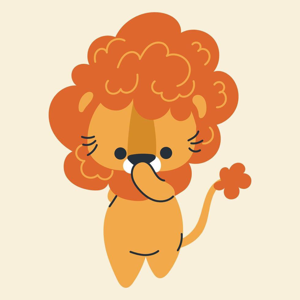 Cute kawaii lion in cartoon, flat, doodle, simple style. Design element for posters, postcards, greeting cards, wallpapers, children's clothes, fabrics, t-shirts, logos vector