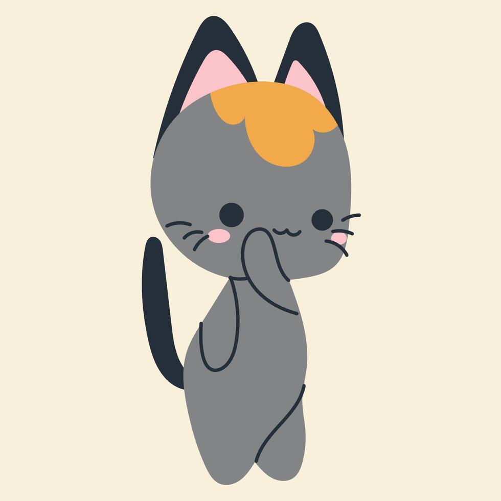 Cute kawaii cat in cartoon, flat, doodle, simple style. Design element for posters, postcards, greeting cards, wallpapers, children's clothes, fabrics, t-shirts, logos vector