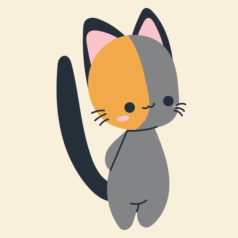 Cute kawaii cat in cartoon, flat, doodle, simple style. Design element for posters, postcards, greeting cards, wallpapers, children's clothes, fabrics, t-shirts, logos vector