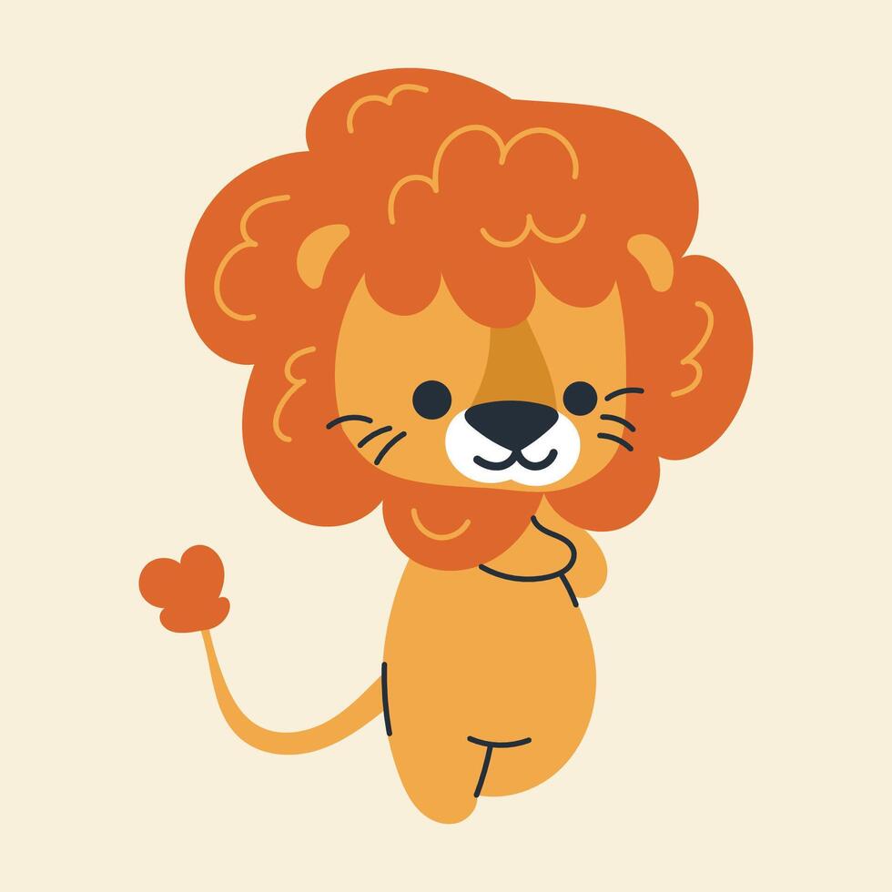 Cute kawaii lion in cartoon, flat, doodle, simple style. Design element for posters, postcards, greeting cards, wallpapers, children's clothes, fabrics, t-shirts, logos vector