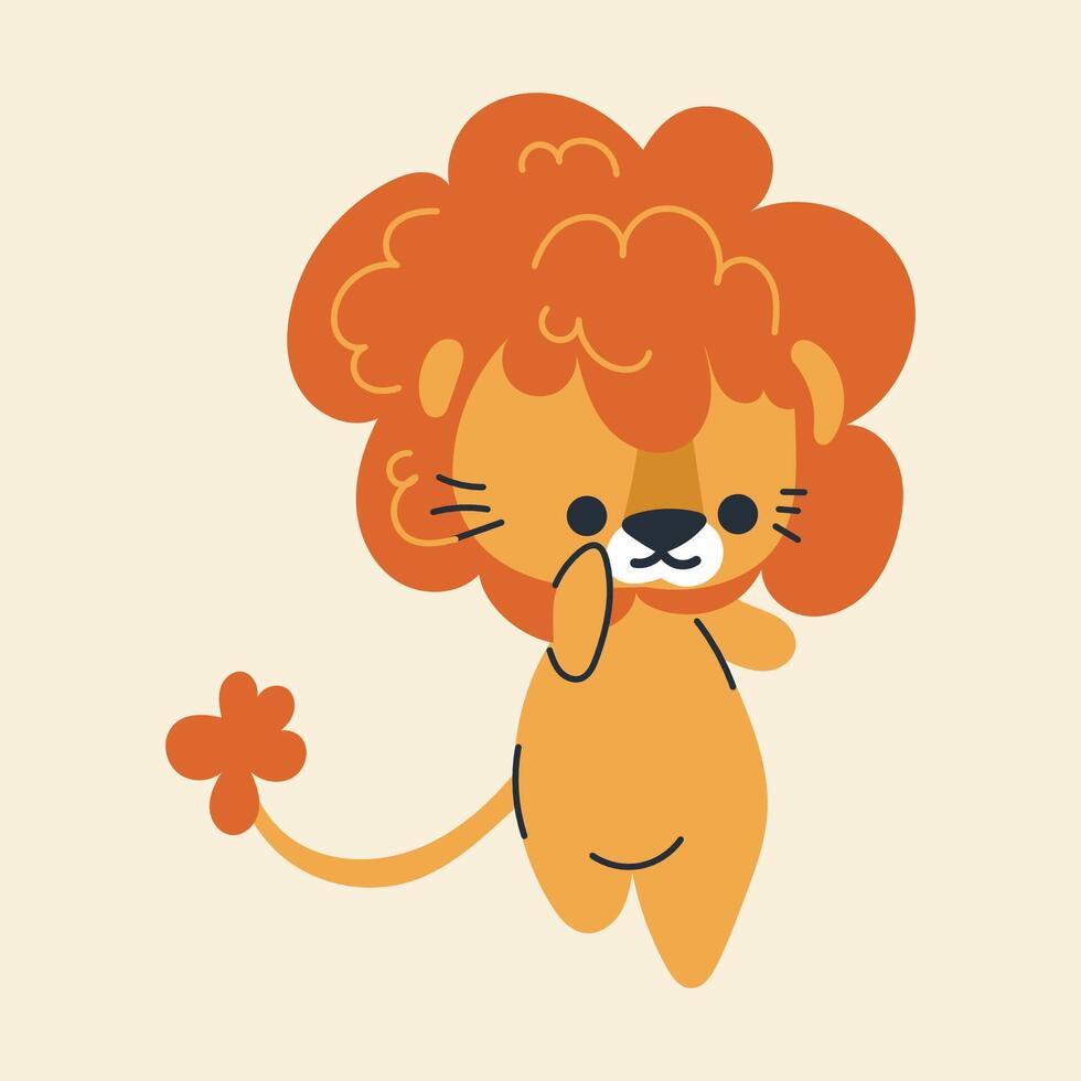 Cute kawaii lion in cartoon, flat, doodle, simple style. Design element for posters, postcards, greeting cards, wallpapers, children's clothes, fabrics, t-shirts, logos vector