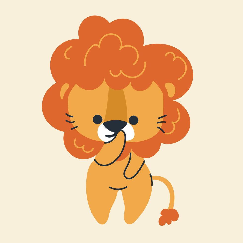 Cute kawaii lion in cartoon, flat, doodle, simple style. Design element for posters, postcards, greeting cards, wallpapers, children's clothes, fabrics, t-shirts, logos vector