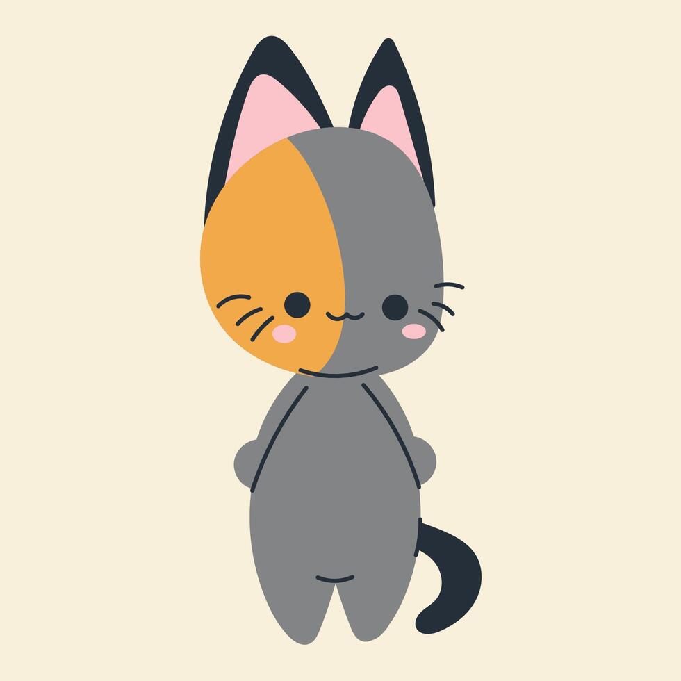 Cute kawaii cat in cartoon, flat, doodle, simple style. Design element for posters, postcards, greeting cards, wallpapers, children's clothes, fabrics, t-shirts, logos vector