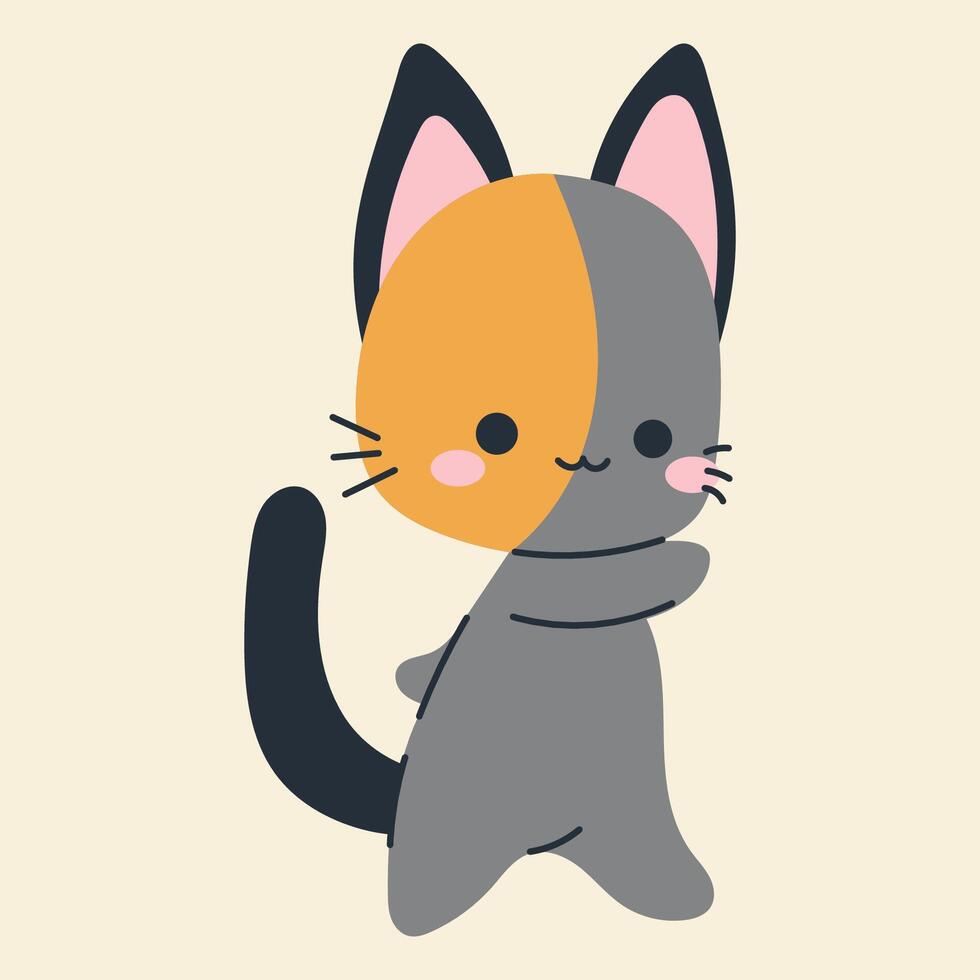Cute kawaii cat in cartoon, flat, doodle, simple style. Design element for posters, postcards, greeting cards, wallpapers, children's clothes, fabrics, t-shirts, logos vector