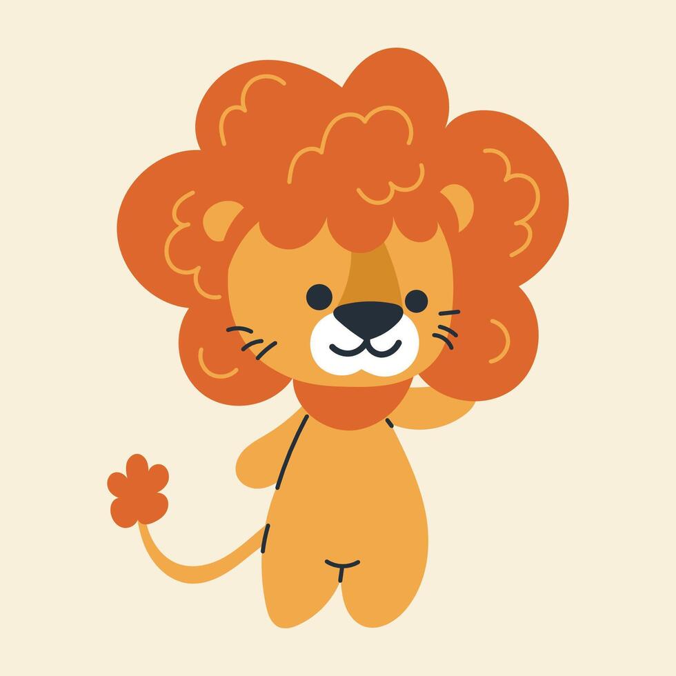Cute kawaii lion in cartoon, flat, doodle, simple style. Design element for posters, postcards, greeting cards, wallpapers, children's clothes, fabrics, t-shirts, logos vector