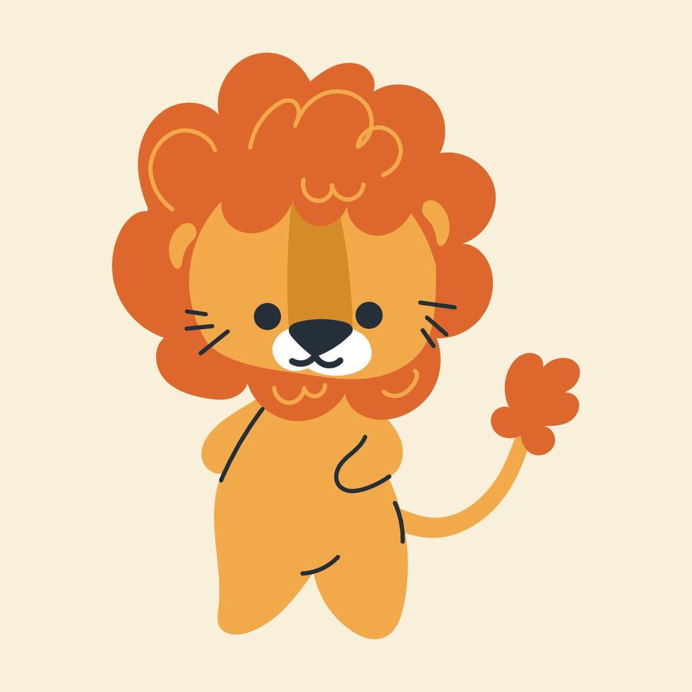 Cute kawaii lion in cartoon, flat, doodle, simple style. Design element for posters, postcards, greeting cards, wallpapers, children's clothes, fabrics, t-shirts, logos vector