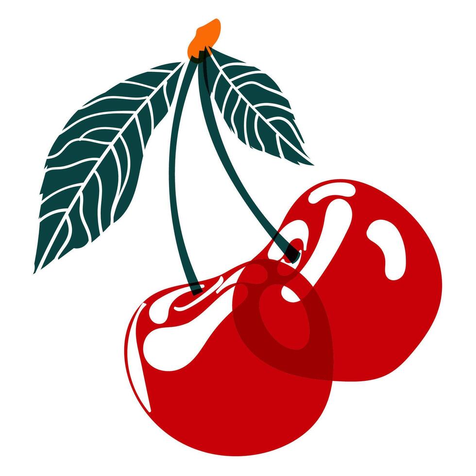 Red cherry. The effect of risograph printing. Design element for posters, postcards, greeting cards, wallpapers, fabrics, t-shirts, logos vector