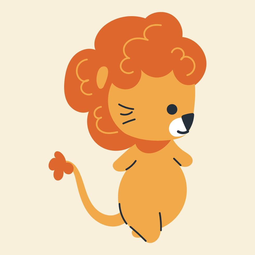 Cute kawaii lion in cartoon, flat, doodle, simple style. Design element for posters, postcards, greeting cards, wallpapers, children's clothes, fabrics, t-shirts, logos vector