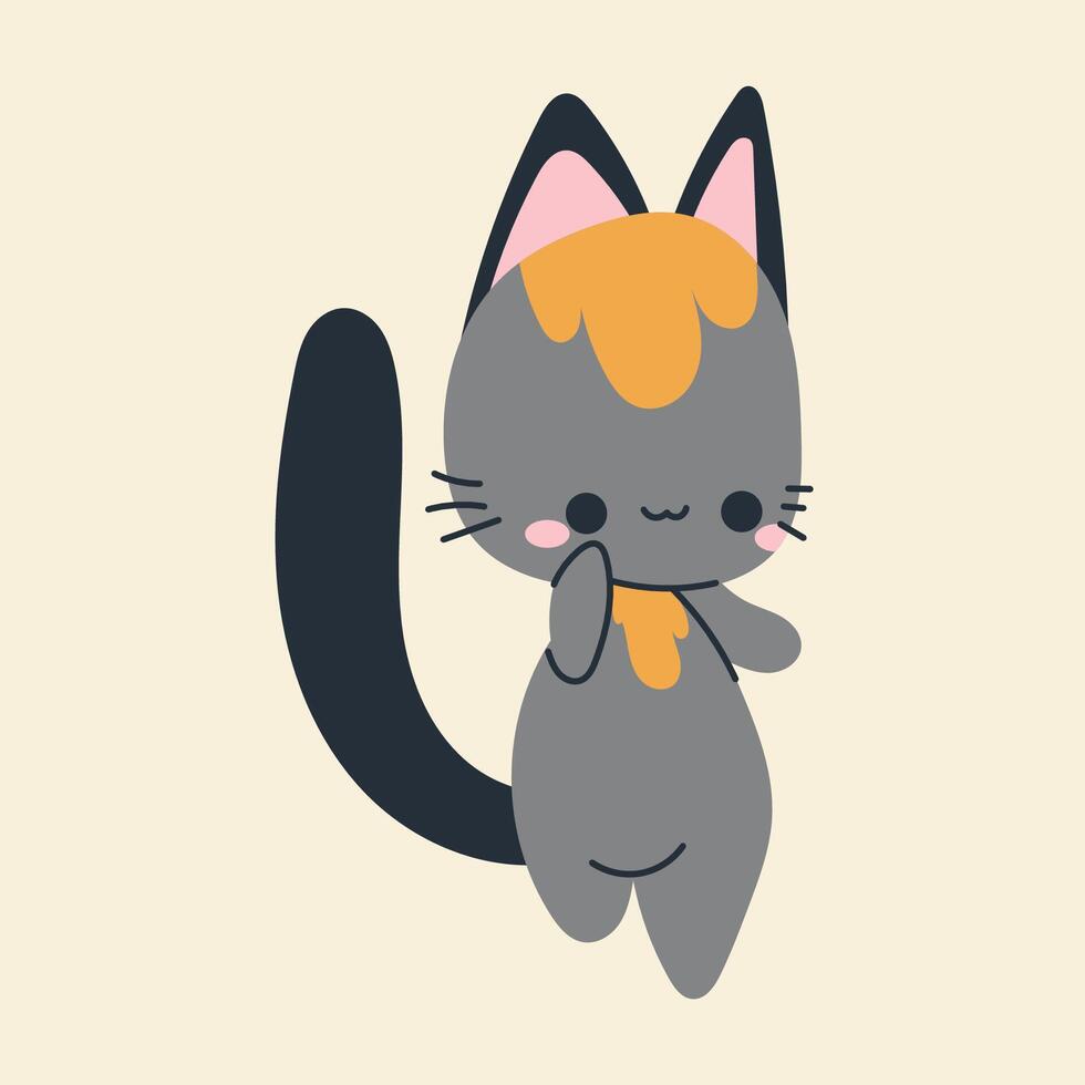 Cute kawaii cat in cartoon, flat, doodle, simple style. Design element for posters, postcards, greeting cards, wallpapers, children's clothes, fabrics, t-shirts, logos vector