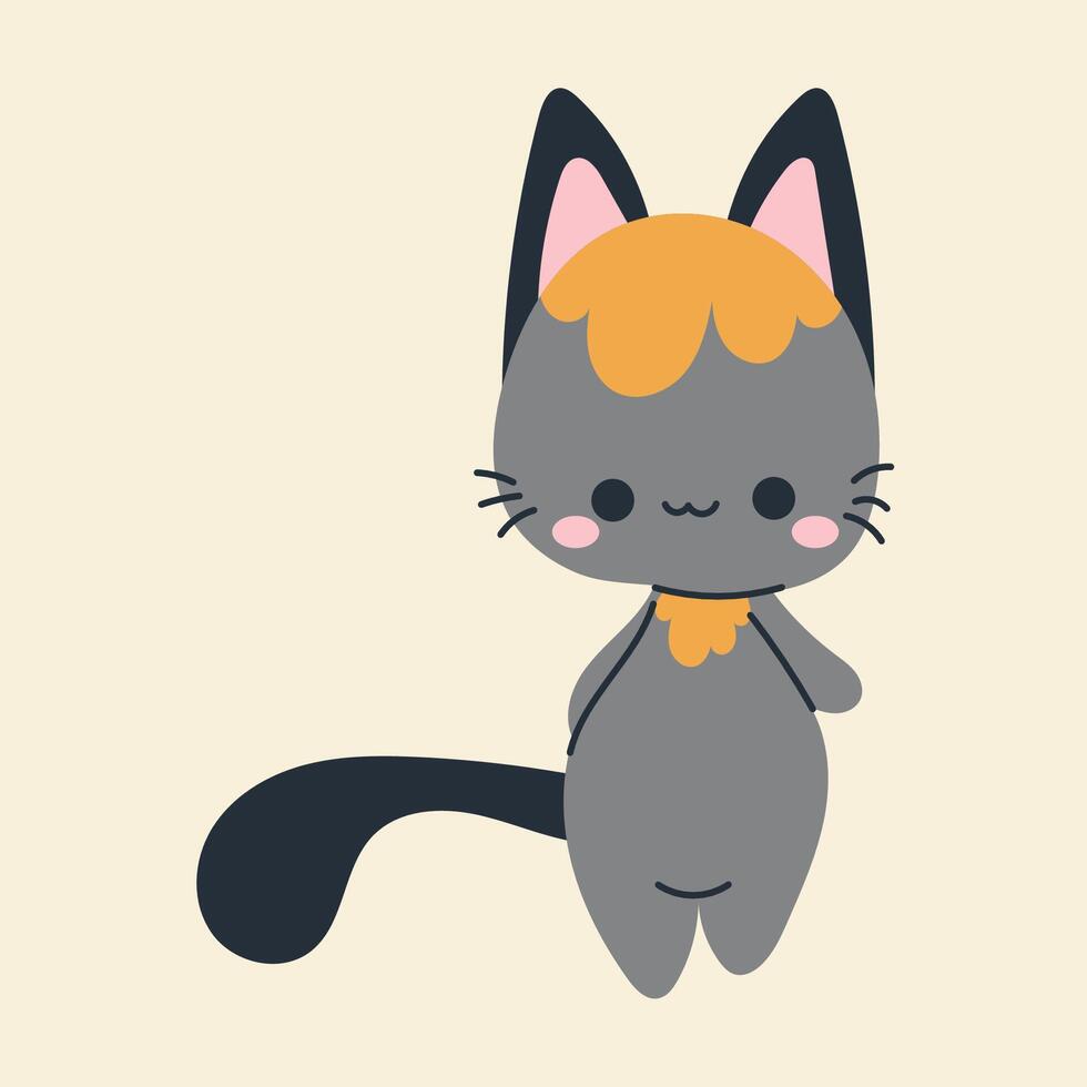 Cute kawaii cat in cartoon, flat, doodle, simple style. Design element for posters, postcards, greeting cards, wallpapers, children's clothes, fabrics, t-shirts, logos vector