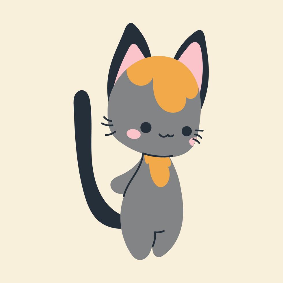 Cute kawaii cat in cartoon, flat, doodle, simple style. Design element for posters, postcards, greeting cards, wallpapers, children's clothes, fabrics, t-shirts, logos vector