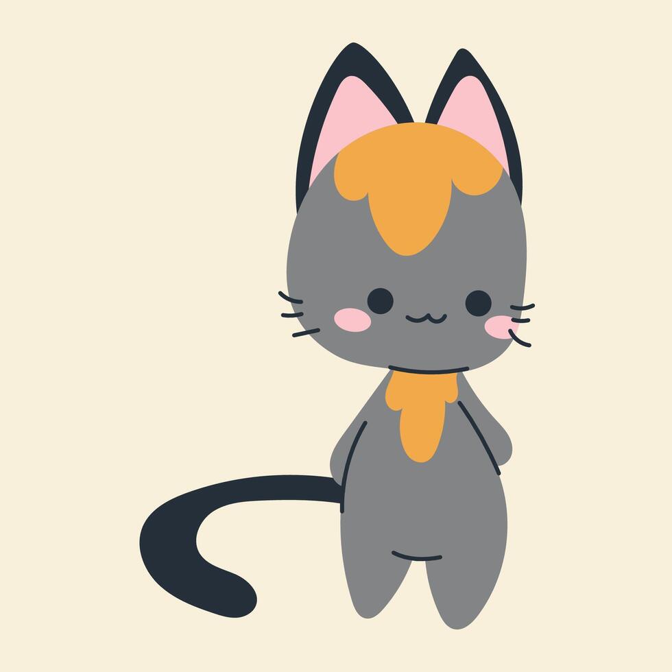 Cute kawaii cat in cartoon, flat, doodle, simple style. Design element for posters, postcards, greeting cards, wallpapers, children's clothes, fabrics, t-shirts, logos vector