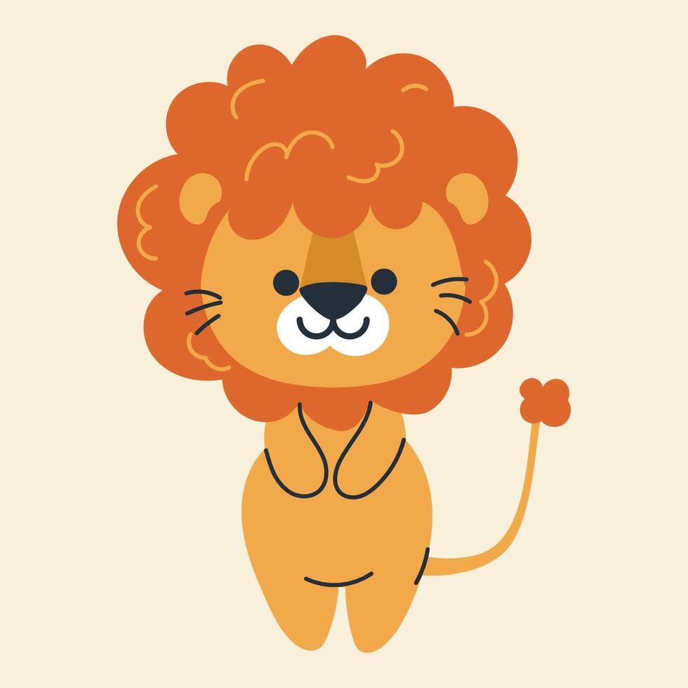Cute kawaii lion in cartoon, flat, doodle, simple style. Design element for posters, postcards, greeting cards, wallpapers, children's clothes, fabrics, t-shirts, logos vector