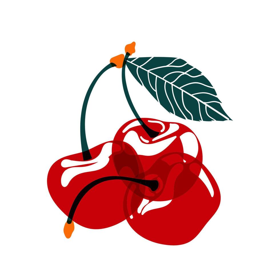 Red cherry. The effect of risograph printing. Design element for posters, postcards, greeting cards, wallpapers, fabrics, t-shirts, logos vector