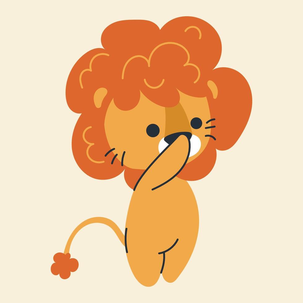 Cute kawaii lion in cartoon, flat, doodle, simple style. Design element for posters, postcards, greeting cards, wallpapers, children's clothes, fabrics, t-shirts, logos vector