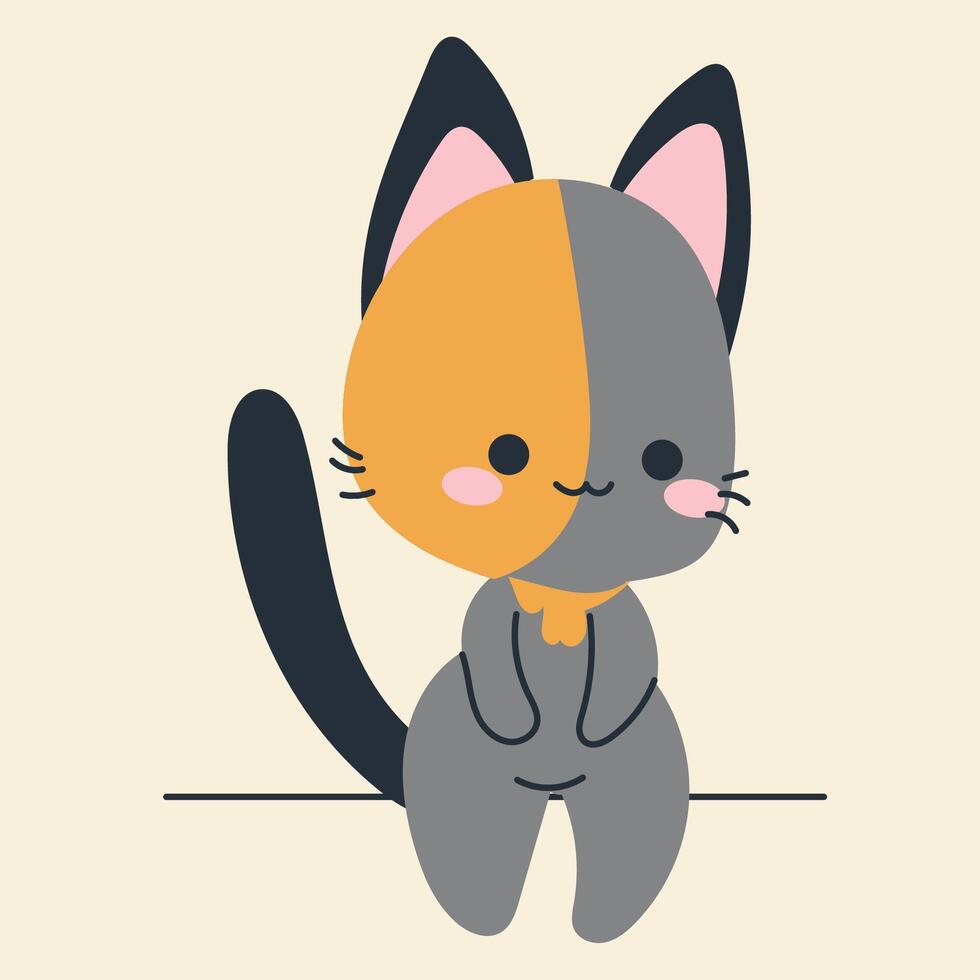 Cute kawaii cat in cartoon, flat, doodle, simple style. Design element for posters, postcards, greeting cards, wallpapers, children's clothes, fabrics, t-shirts, logos vector
