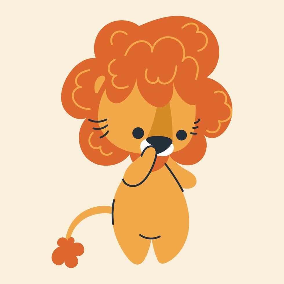 Cute kawaii lion in cartoon, flat, doodle, simple style. Design element for posters, postcards, greeting cards, wallpapers, children's clothes, fabrics, t-shirts, logos vector