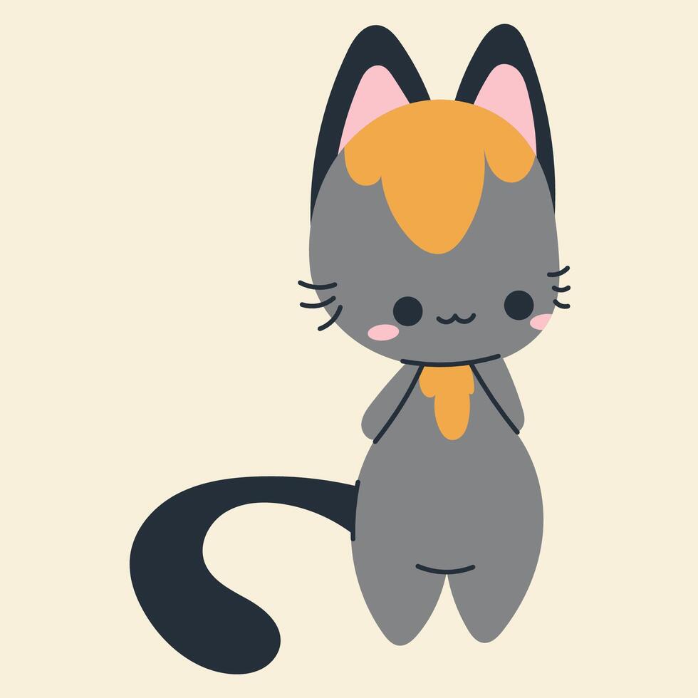 Cute kawaii cat in cartoon, flat, doodle, simple style. Design element for posters, postcards, greeting cards, wallpapers, children's clothes, fabrics, t-shirts, logos vector
