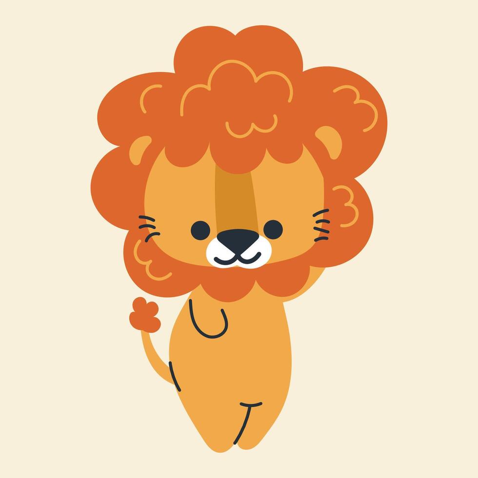 Cute kawaii lion in cartoon, flat, doodle, simple style. Design element for posters, postcards, greeting cards, wallpapers, children's clothes, fabrics, t-shirts, logos vector