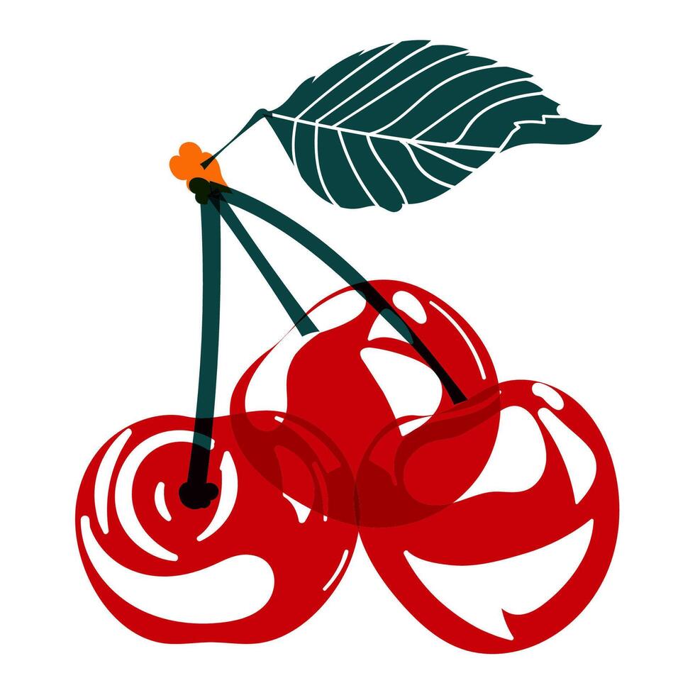 Red cherry. The effect of risograph printing. Design element for posters, postcards, greeting cards, wallpapers, fabrics, t-shirts, logos vector