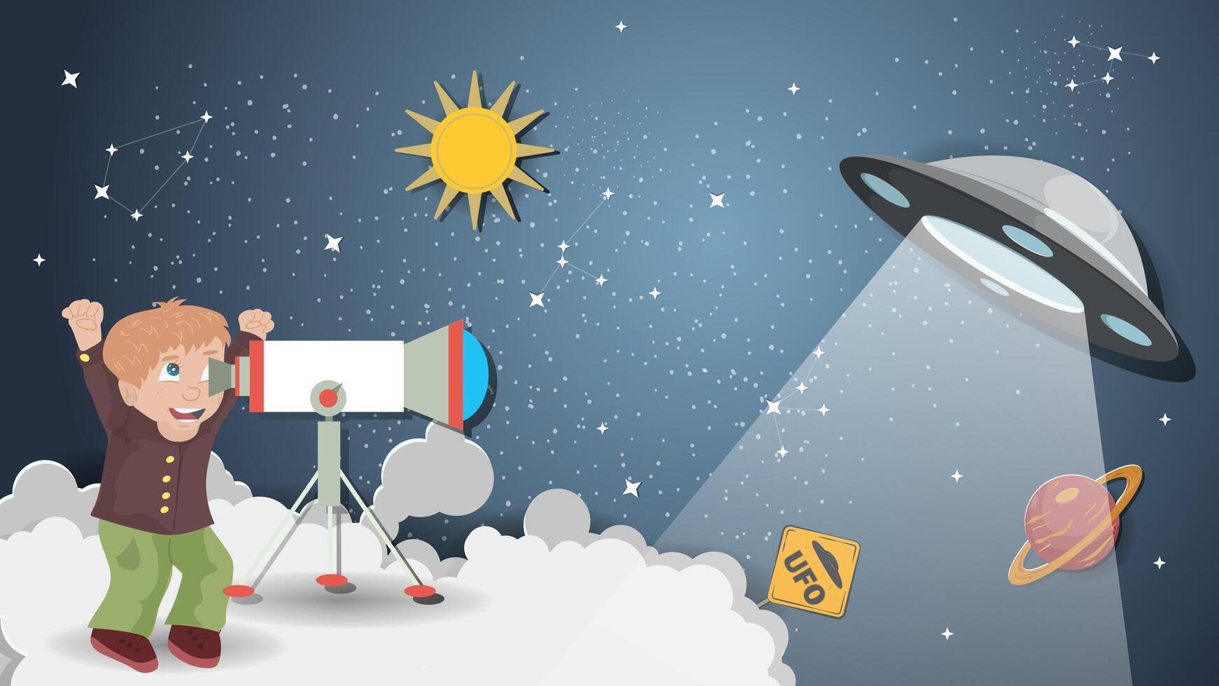 A flat illustration on the theme of space a little boy standing on a cloud watching a UFO through a telescope vector