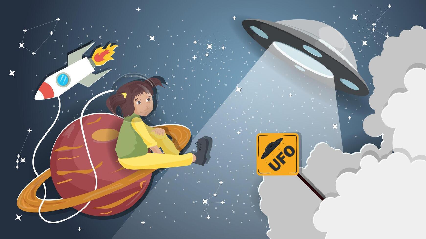 A flat illustration on the theme of space a girl sits on a planet with rings and watches UFO vector