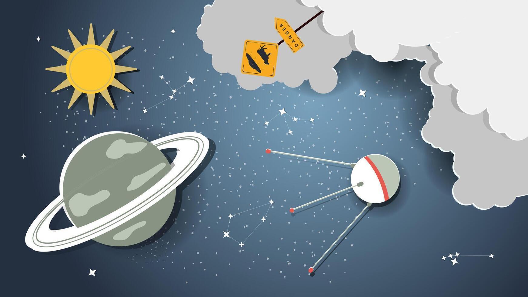 A flat illustration on the theme of space, a satellite flies in space against a planet with rings vector