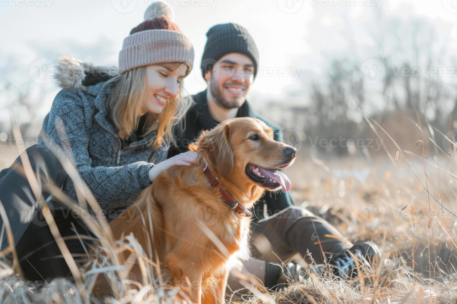 Couple smiles with their dog. Moment of love and companionship photo