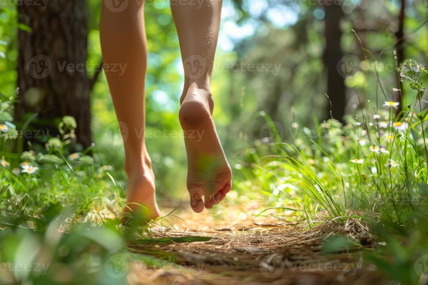 Bare feet walking on a natural forest path surrounded by green plants and flowers photo