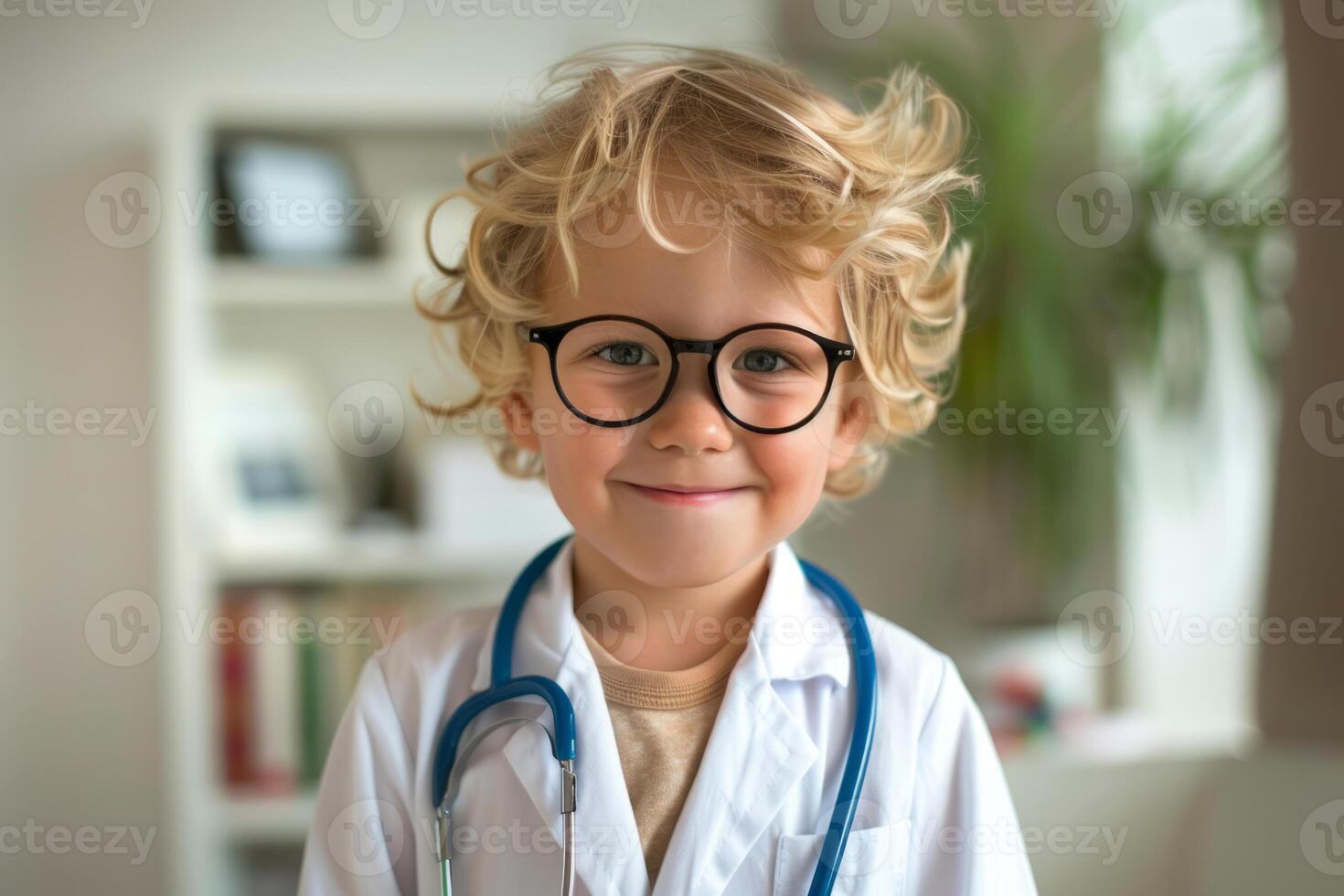 Boy with curly hair and glasses, dressed in a doctors coat with stethoscope photo
