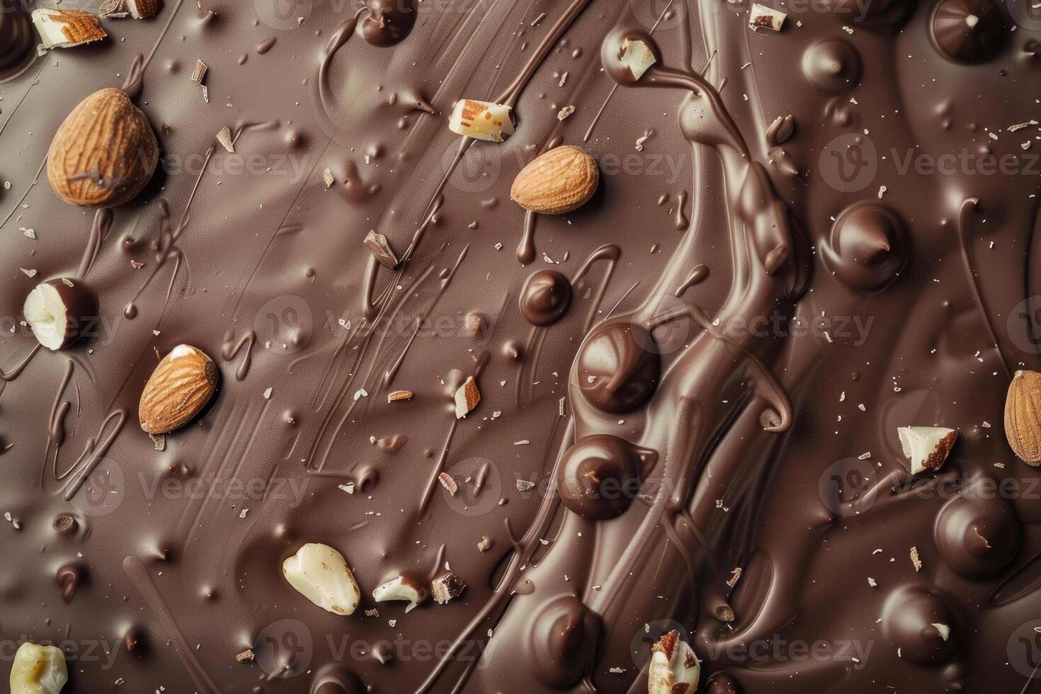 Various nuts scattered over melted chocolate. Texture of chocolate background photo