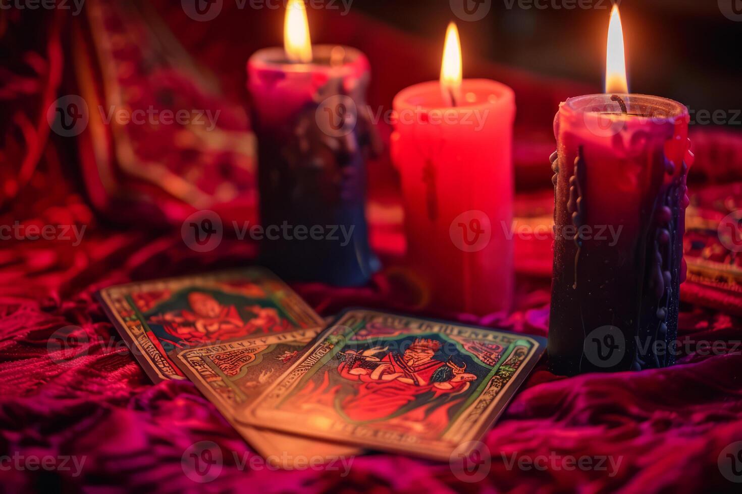 Mystical tarot cards laid out with lit candles and vibrant decorations, creating a magical atmosphere photo