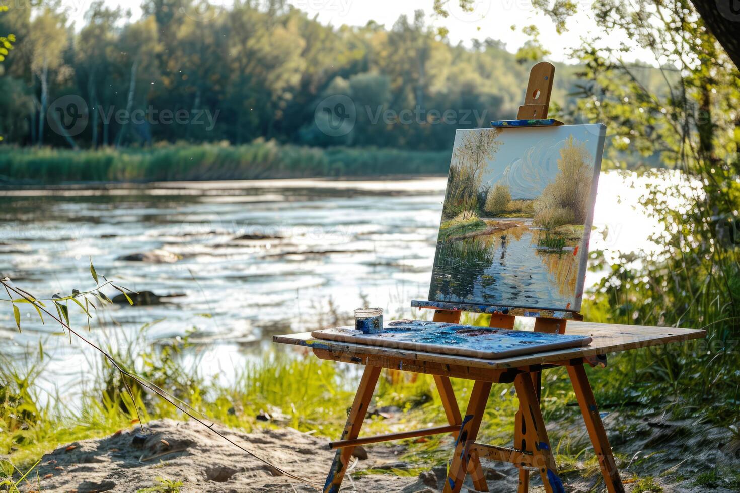 Partially finished painting on an easel set up in park photo