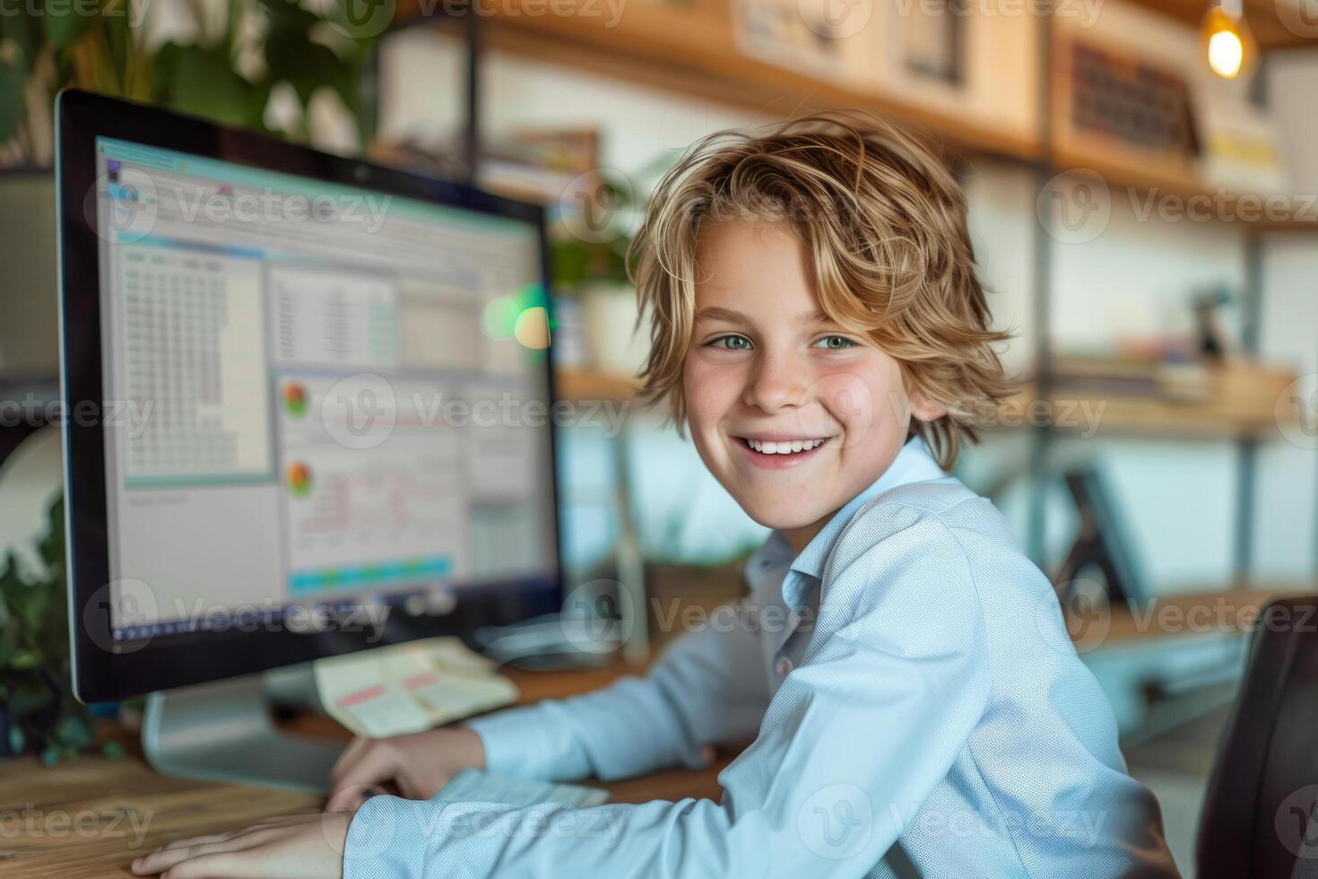 Boy sits at a desk, using a computer for learning or homework in a cozy room photo