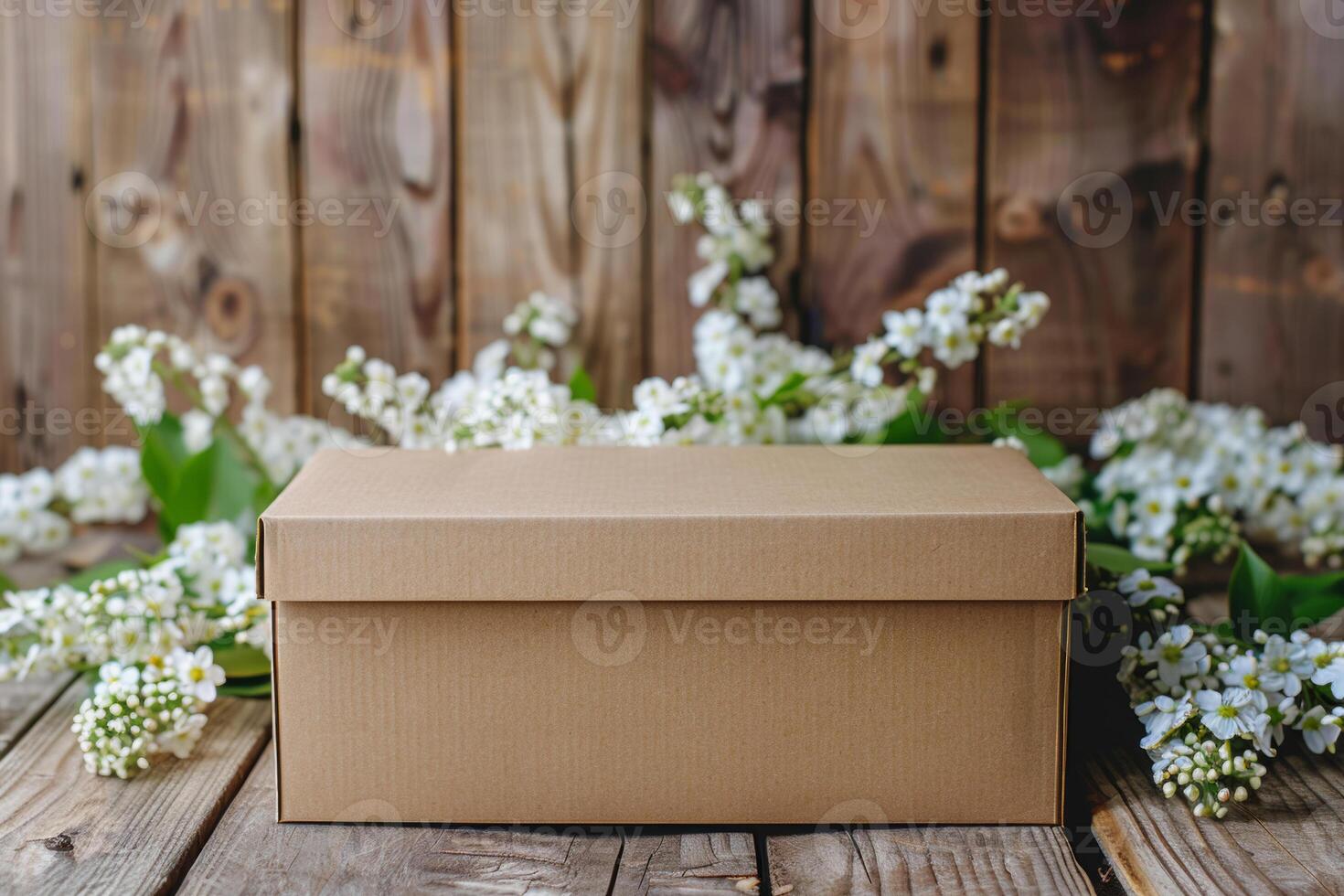 Plain cardboard box on a wooden table with white spring flowers photo