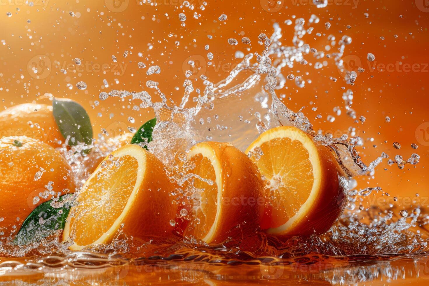 Juicy oranges splashing into water. Citrus fruits with water droplets photo