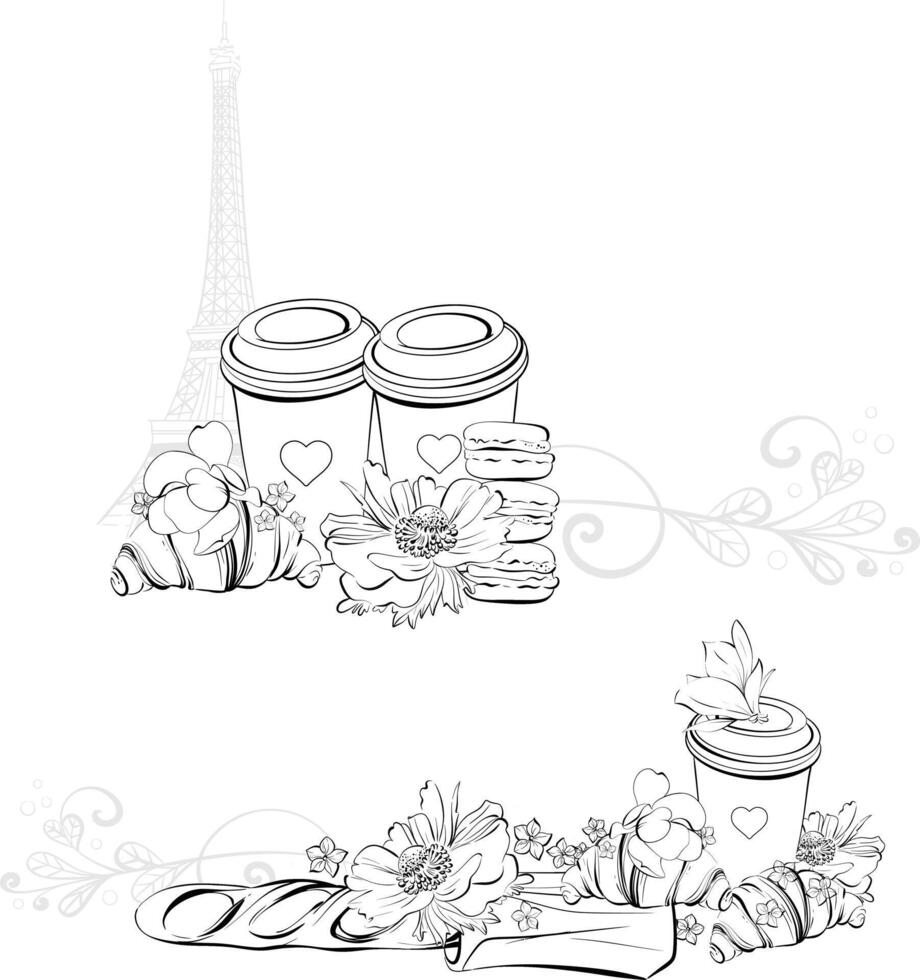 border set Eiffel tower in romantic style. Paper cup of coffee. French pastry dessert- croissant and macaroons. French bakery, street food. Paris travel love vacation. Black silhouette for circuit vector