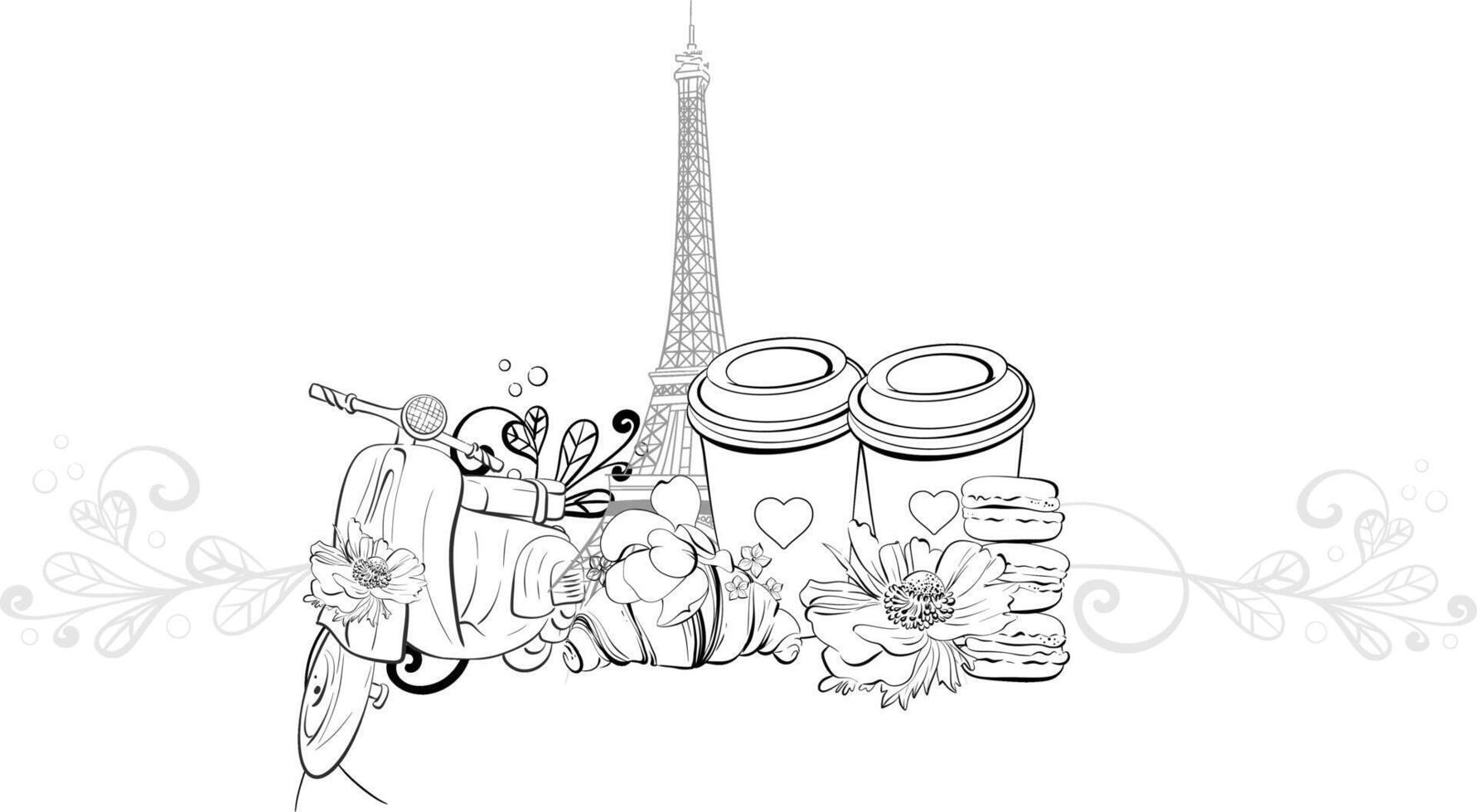 border Eiffel tower and scooter illustration. Vintage motorbike in romantic style. Paris travel love vacation. Black silhouette for circuit vector