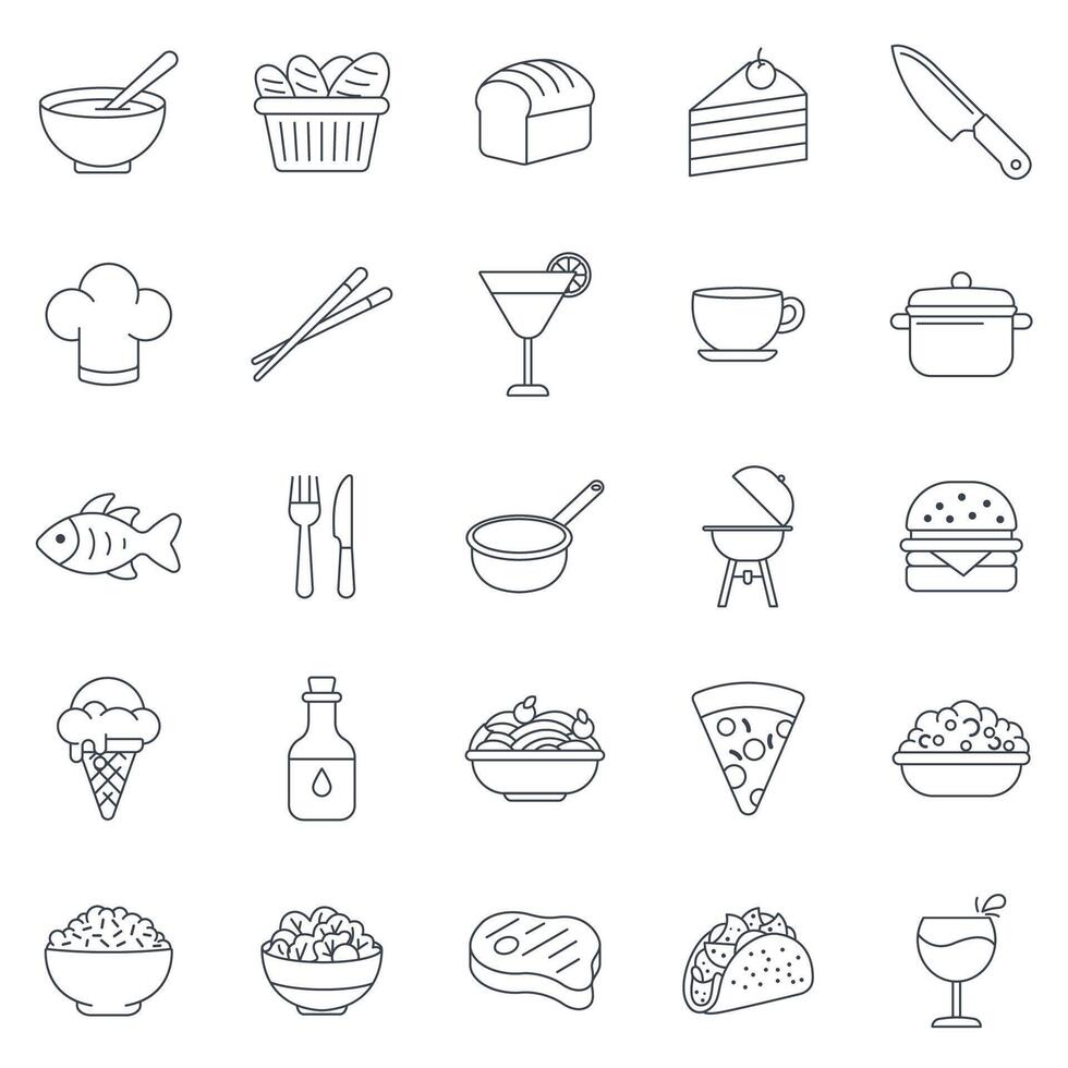Cuisine, food and drink icons set, Included icons as Chopsticks, Ice Cream Cone, Taco, Hamburger and more symbols collection, logo isolated illustration vector