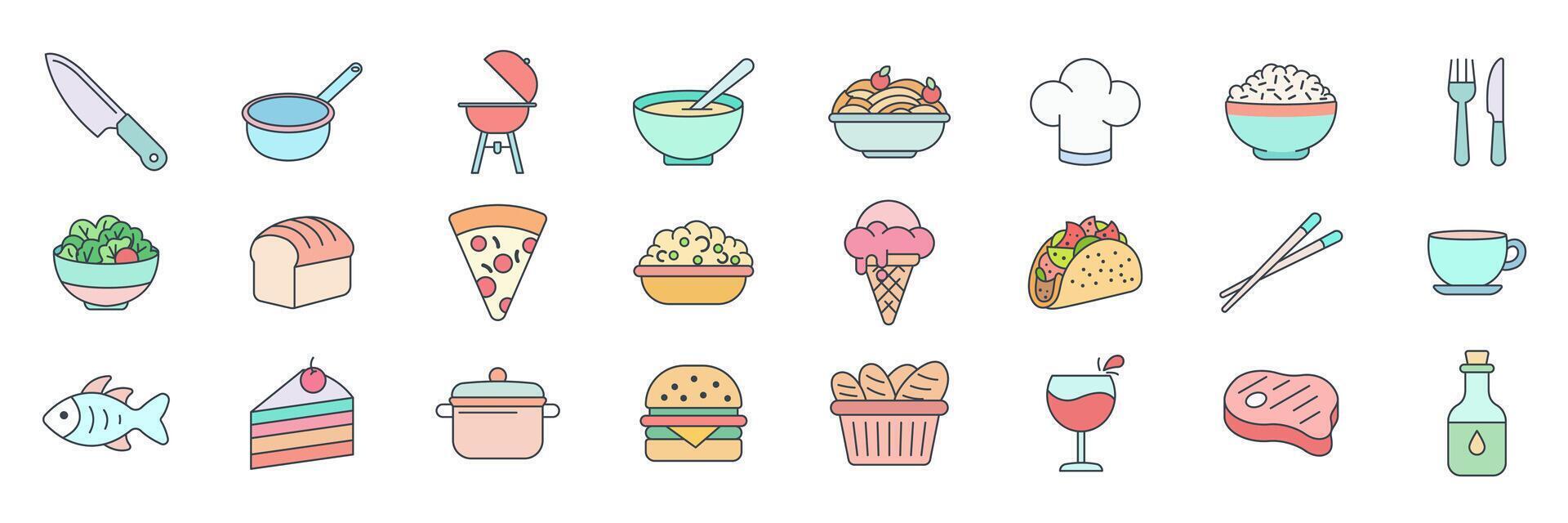 Cuisine, food and drink icons set, Included icons as Chopsticks, Ice Cream Cone, Taco, Hamburger and more symbols collection, logo isolated illustration vector