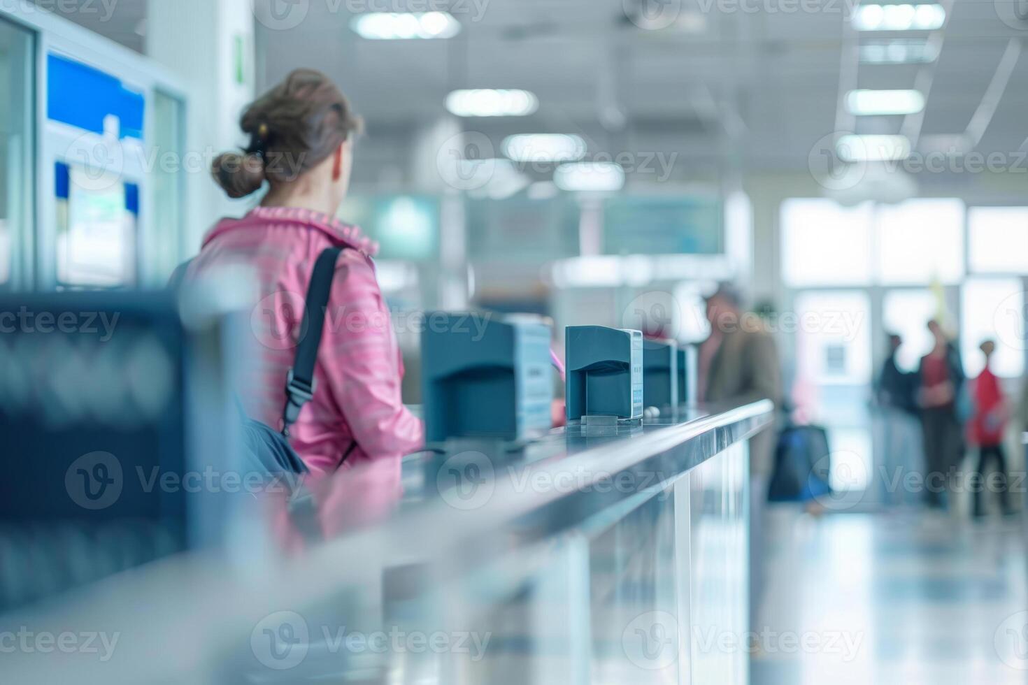 Travelers with luggage walking through a lit airport terminal photo