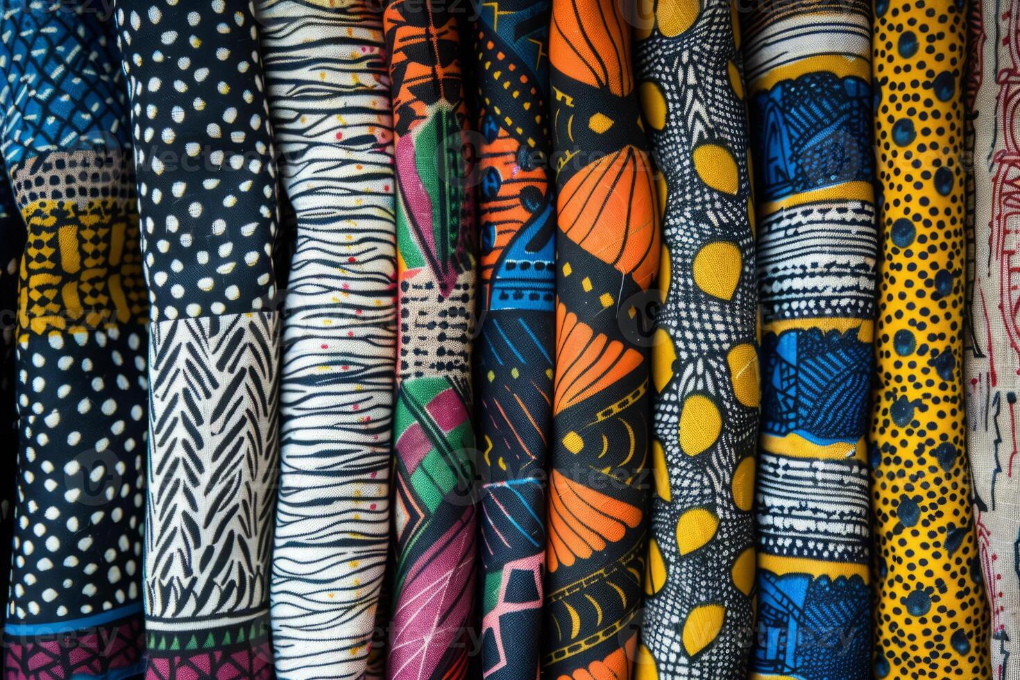 African fabrics with intricate patterns and bold colors. Traditional textile designs photo