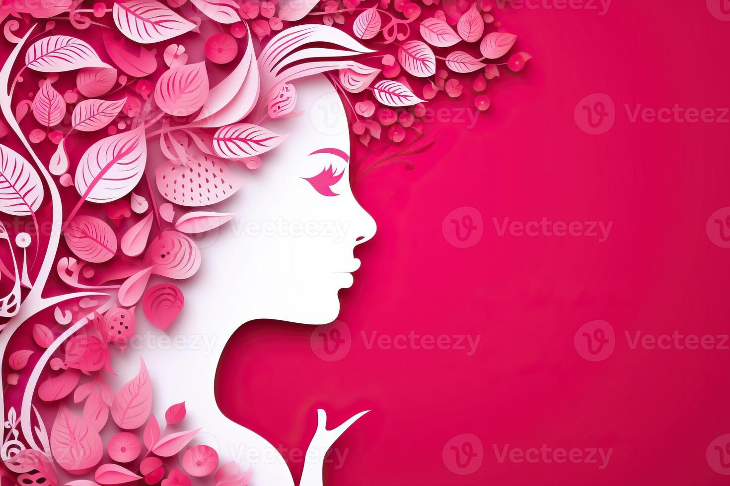 Paper Cutout of a Woman's Profile with Floral Hair on Pink Background photo