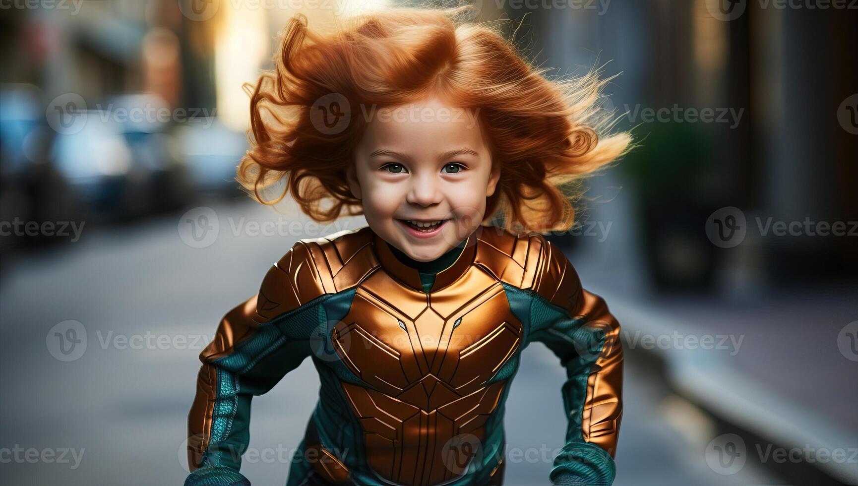 Joyful young redhead girl in a superhero costume running and playing on a city street. Concept of imagination, childhood, and strength. photo