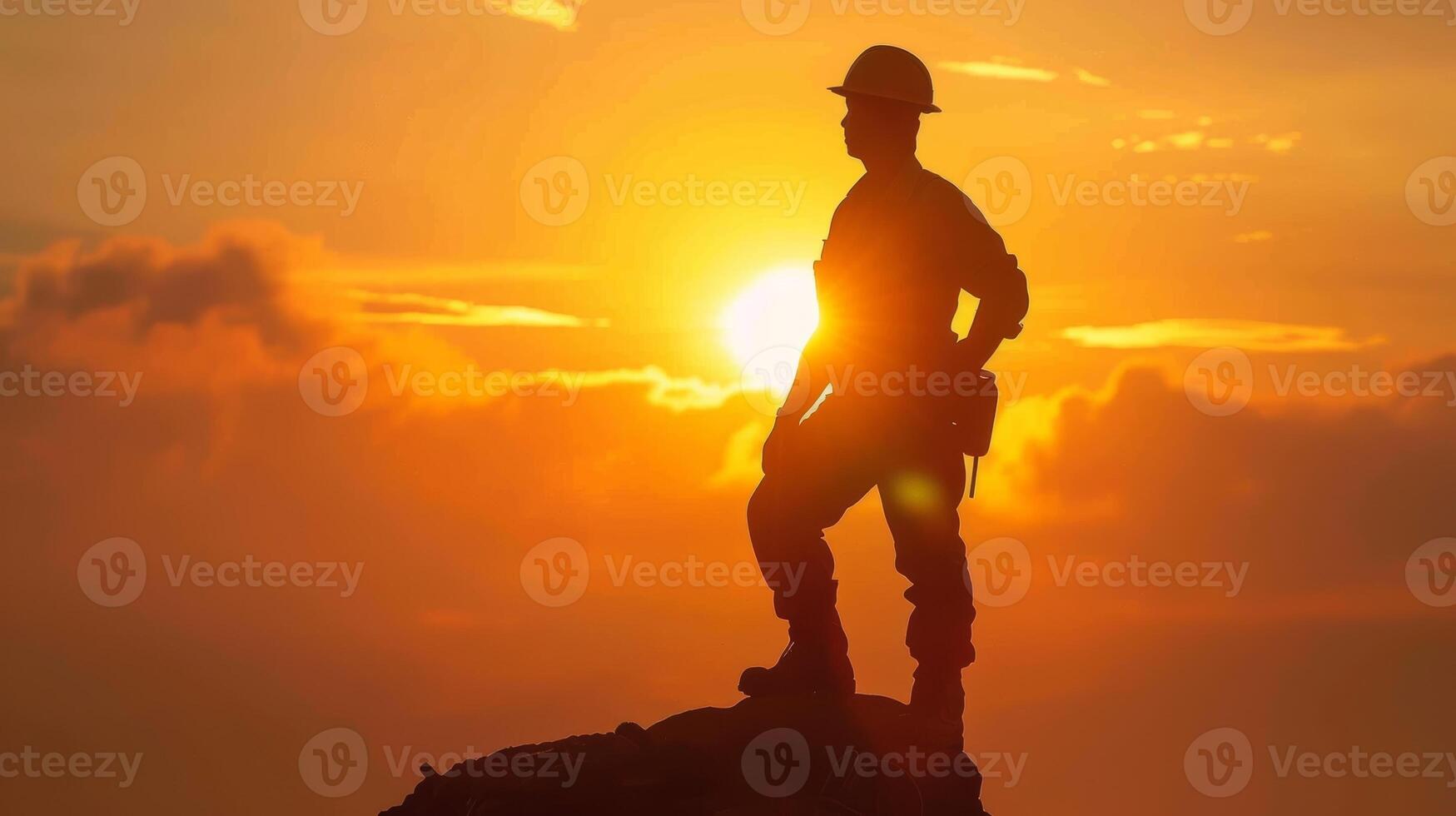 Silhouette of a construction worker standing on a mountain top at sunset, symbolizing success, achievement, and the future of infrastructure. photo