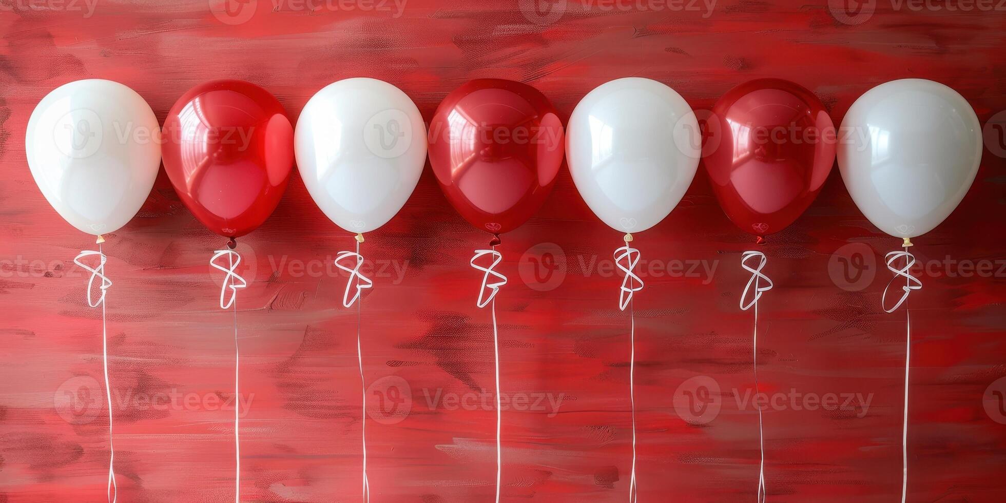 Festive red and white balloons on a red background. Perfect for birthday, Valentine's Day, or holiday celebrations. photo