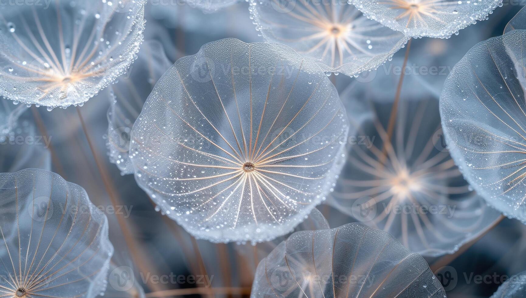 Delicate translucent blue Mycena mushrooms, creating a magical, dreamlike atmosphere. photo