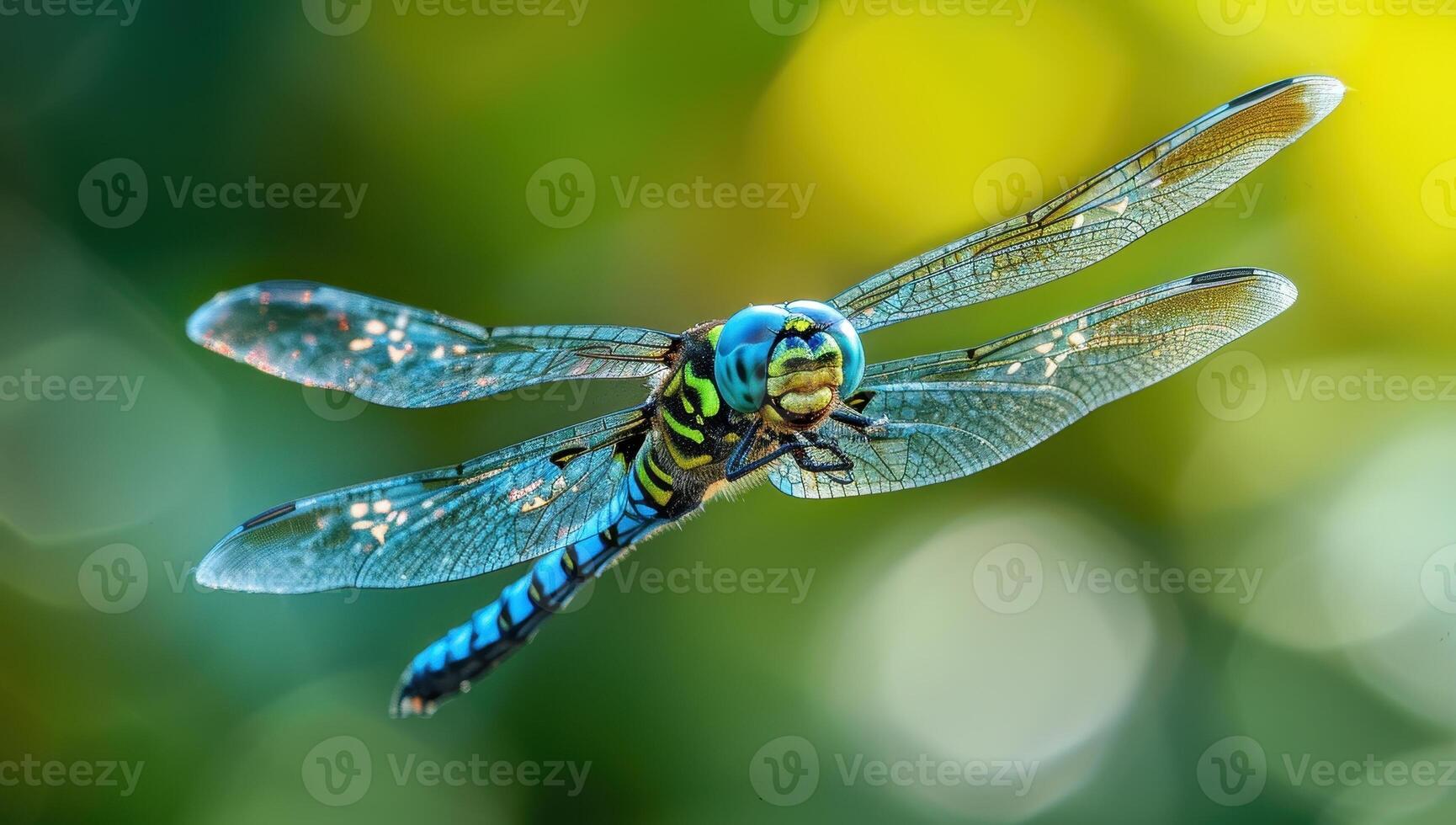 Vivid Blue Dragonfly in Flight. photo