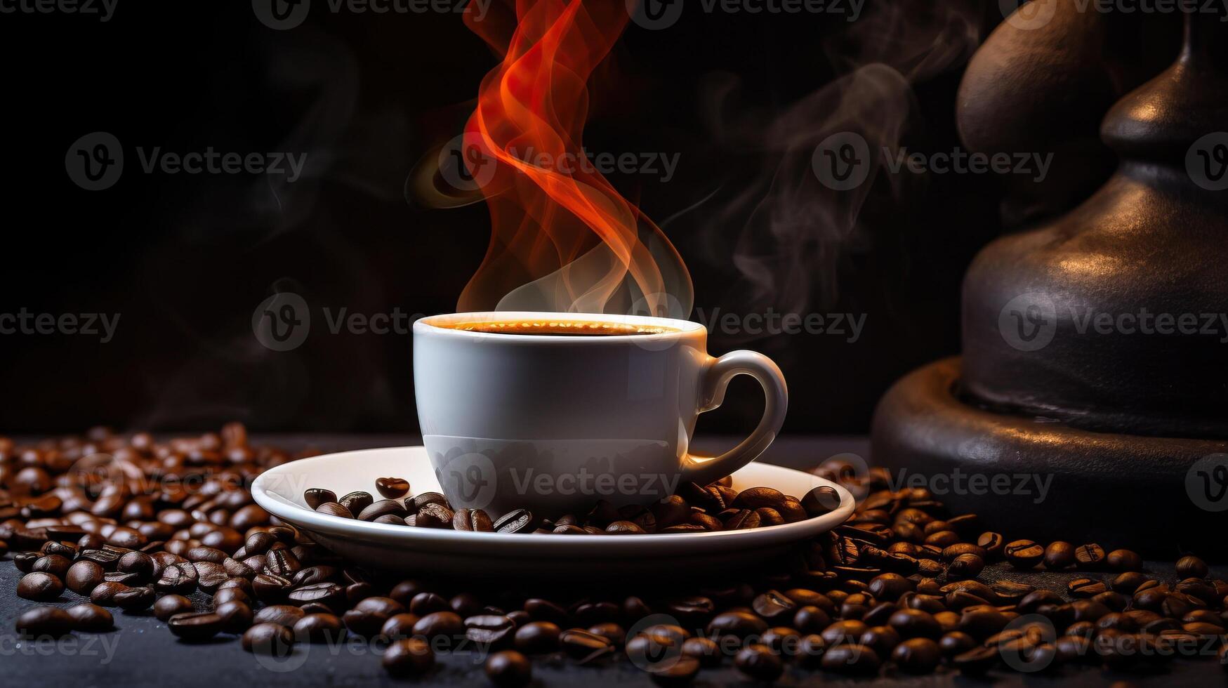Steaming cup of coffee on a saucer with coffee beans scattered around, set against a dark background. Dramatic lighting emphasizes the aroma and warmth. photo